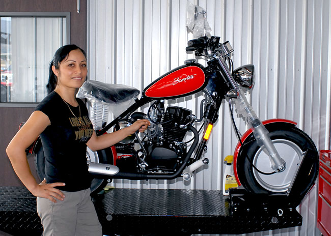Lupe, with one of John Espito's factory custom California Scooters...this red and black Classic has my vote for the best-looking-bike built to date!