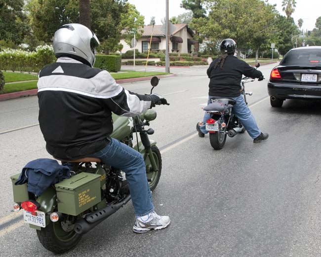 Steve on the Sarge, and TK on the Welker Wonderbike (the black Classic my good buddy John rode in Baja), on the road to NoHo Scooters earlier today