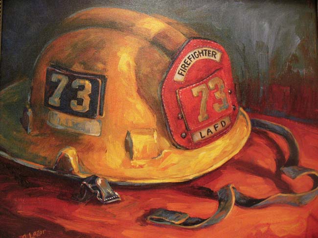 A firefighter's helmet painting, one of the items raffled at the FCSN event