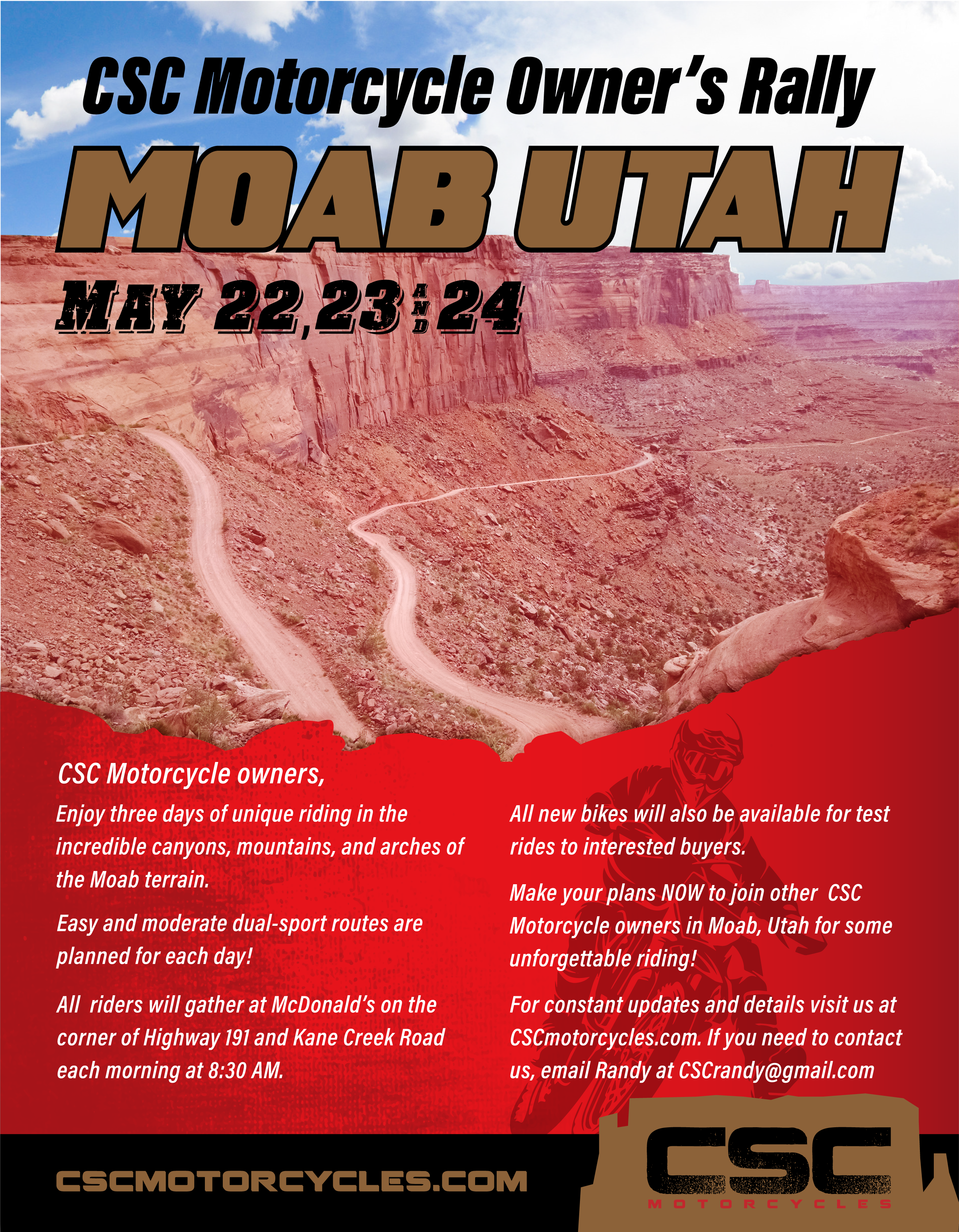 CSC Motorcycles Owner's Rally Event in Moab, Utah. May 22, 23, & 24 2019.