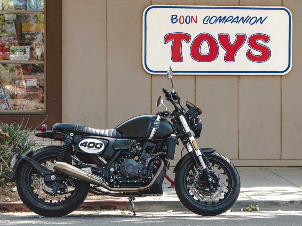 CSC Motorcycles SG400 San Gabriel Cafe Racer in the front of Boon Companion Toys toy store in Claremont California. Motorcycles are toys for adults.