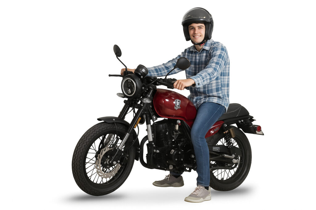 A new rider sitting on the SG250 Cafe Racer motorcycle