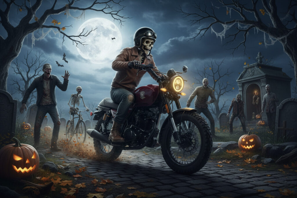 Skeleton riding an SG250 Scrambler thru a graveyard with zombies.